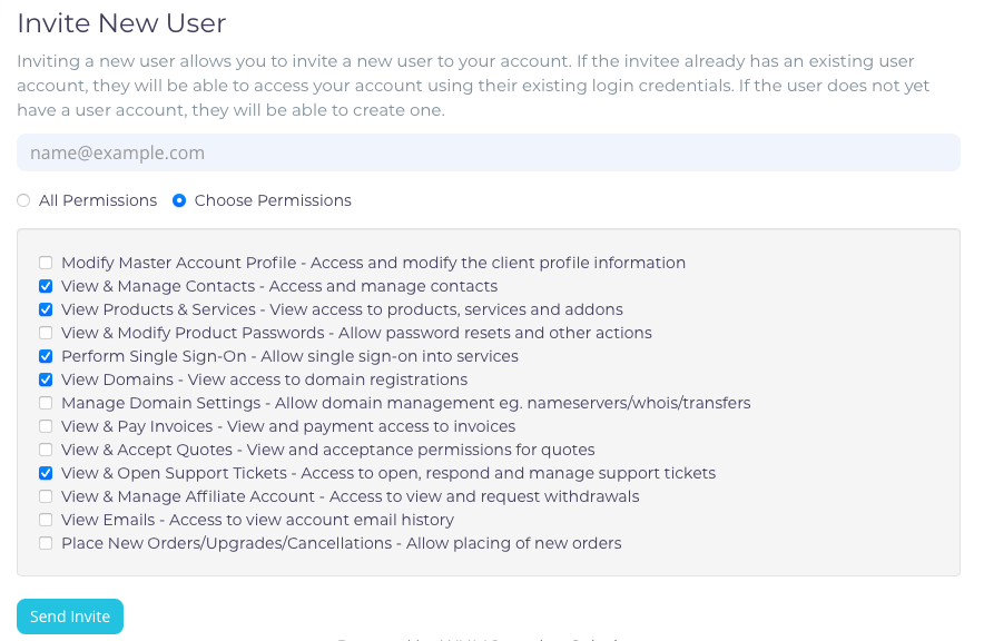 Invite user to SysDrive Hosting account with specific permissions