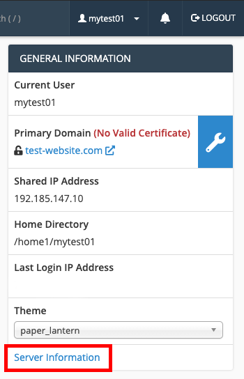 cPanel server information link